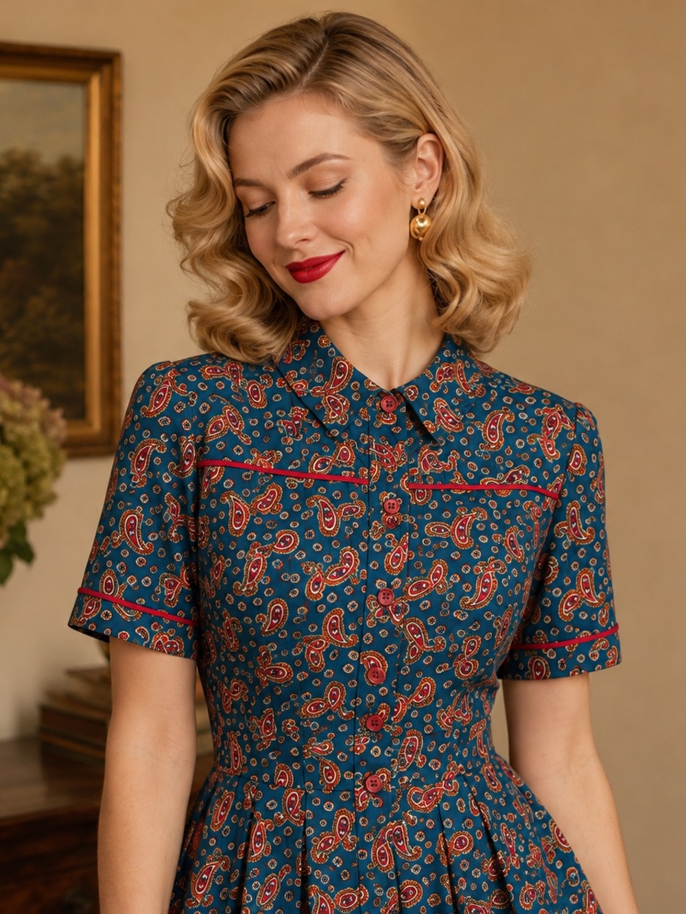 UNIQUE VINTAGE Teal Paisley Retro Fit & Flare Midi Dress, Size Large - Picture 3 of 7